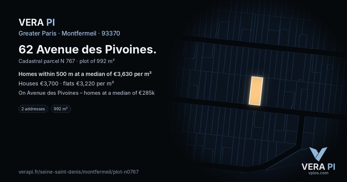 62 Avenue des Pivoines, Montfermeil at night – the plot lit, the parcels around coloured by the prices near them