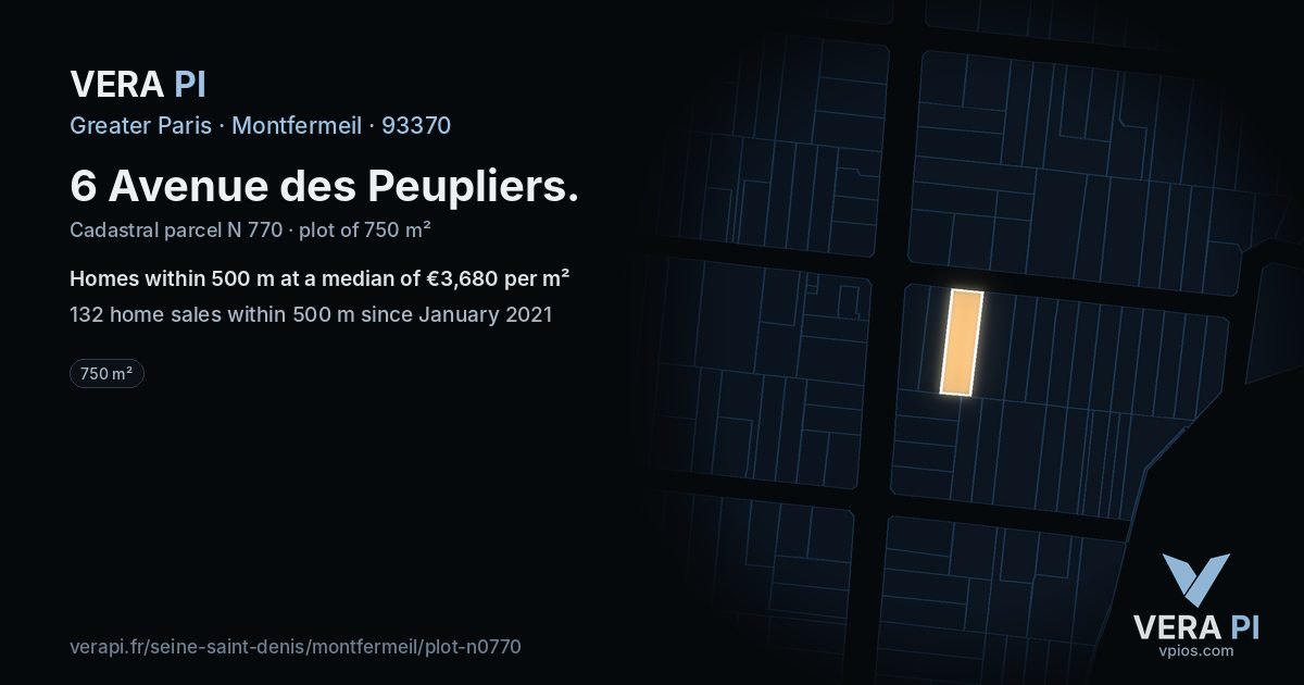 6 Avenue des Peupliers, Montfermeil at night – the plot lit, the parcels around coloured by the prices near them