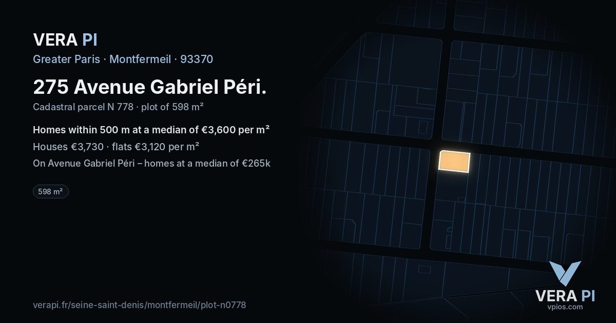 275 Avenue Gabriel Péri, Montfermeil at night – the plot lit, the parcels around coloured by the prices near them