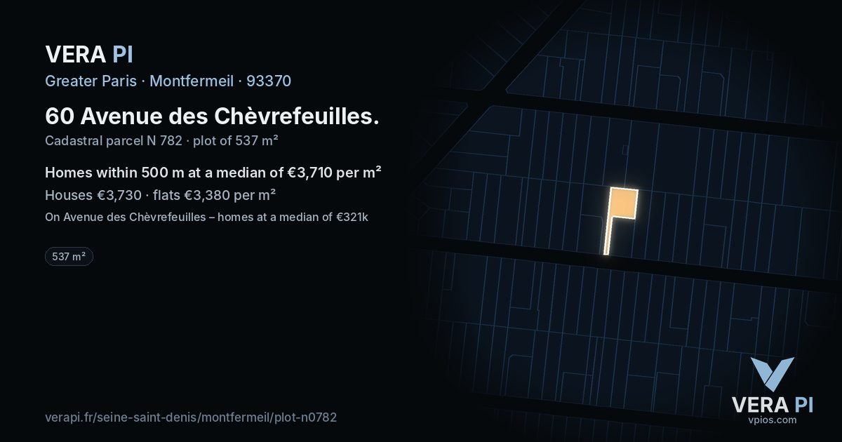 60 Avenue des Chèvrefeuilles, Montfermeil at night – the plot lit, the parcels around coloured by the prices near them