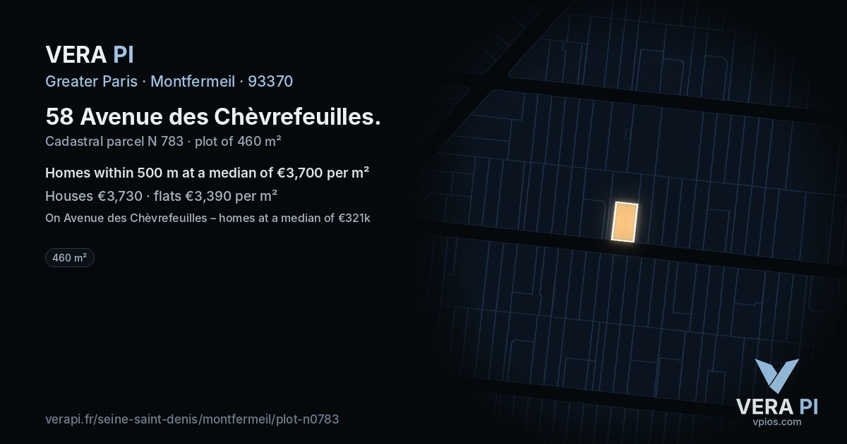 58 Avenue des Chèvrefeuilles, Montfermeil at night – the plot lit, the parcels around coloured by the prices near them