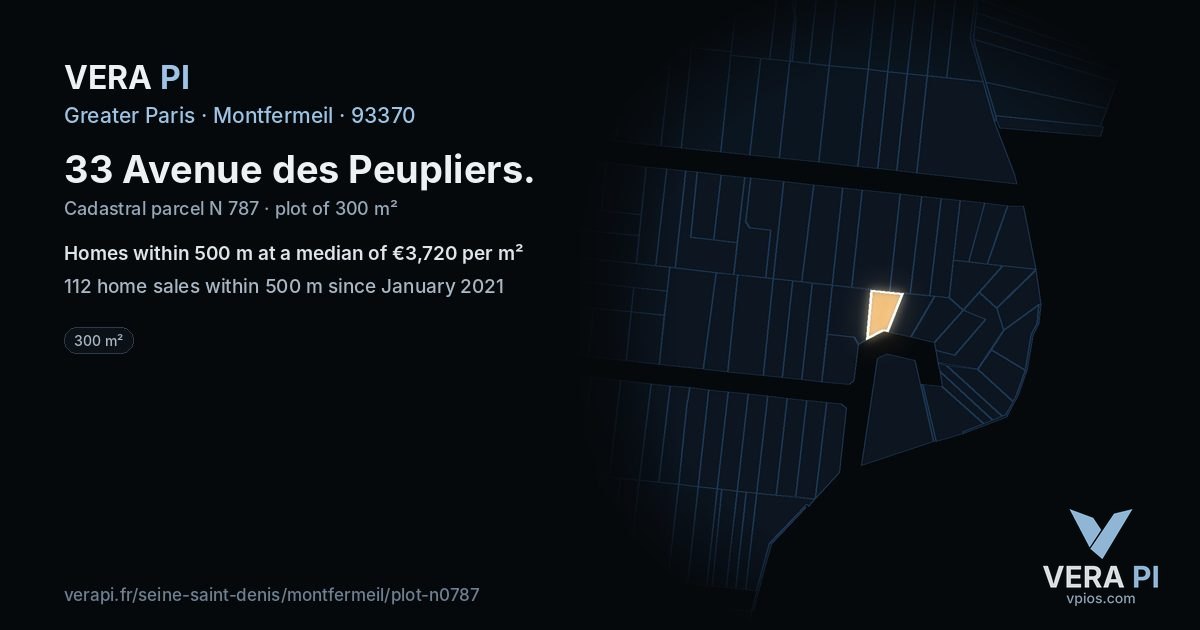 33 Avenue des Peupliers, Montfermeil at night – the plot lit, the parcels around coloured by the prices near them