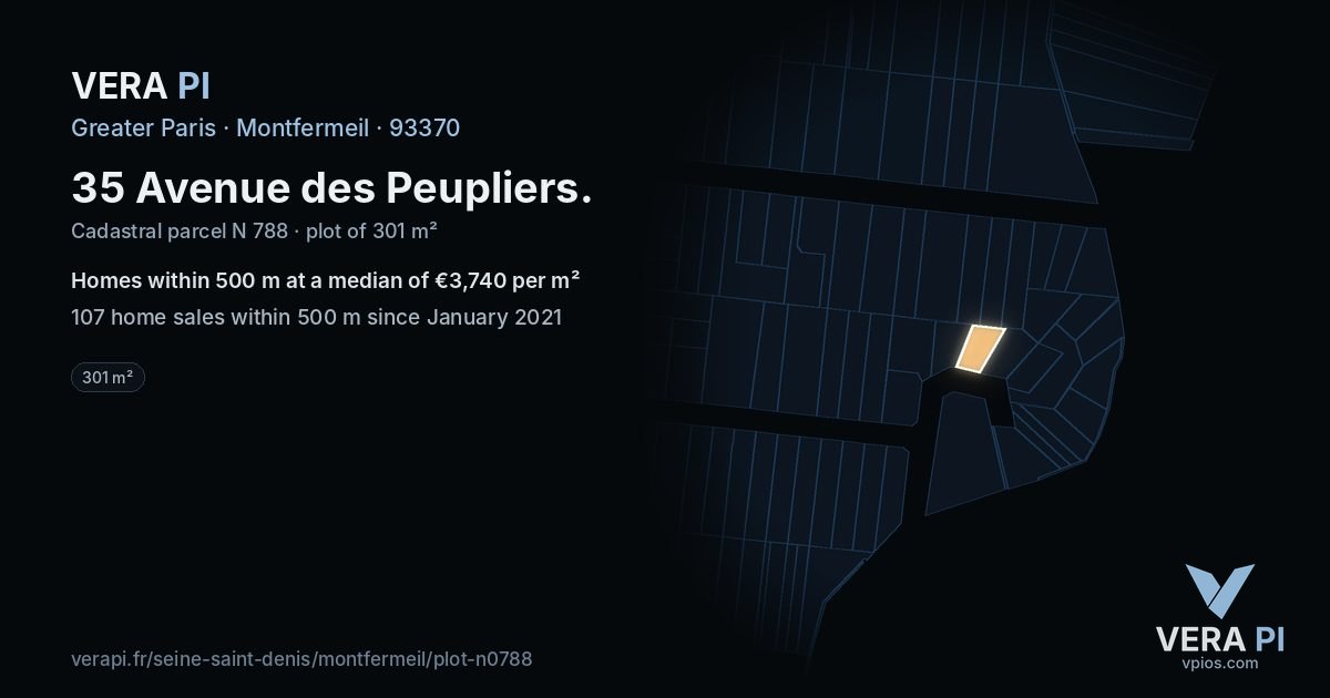 35 Avenue des Peupliers, Montfermeil at night – the plot lit, the parcels around coloured by the prices near them