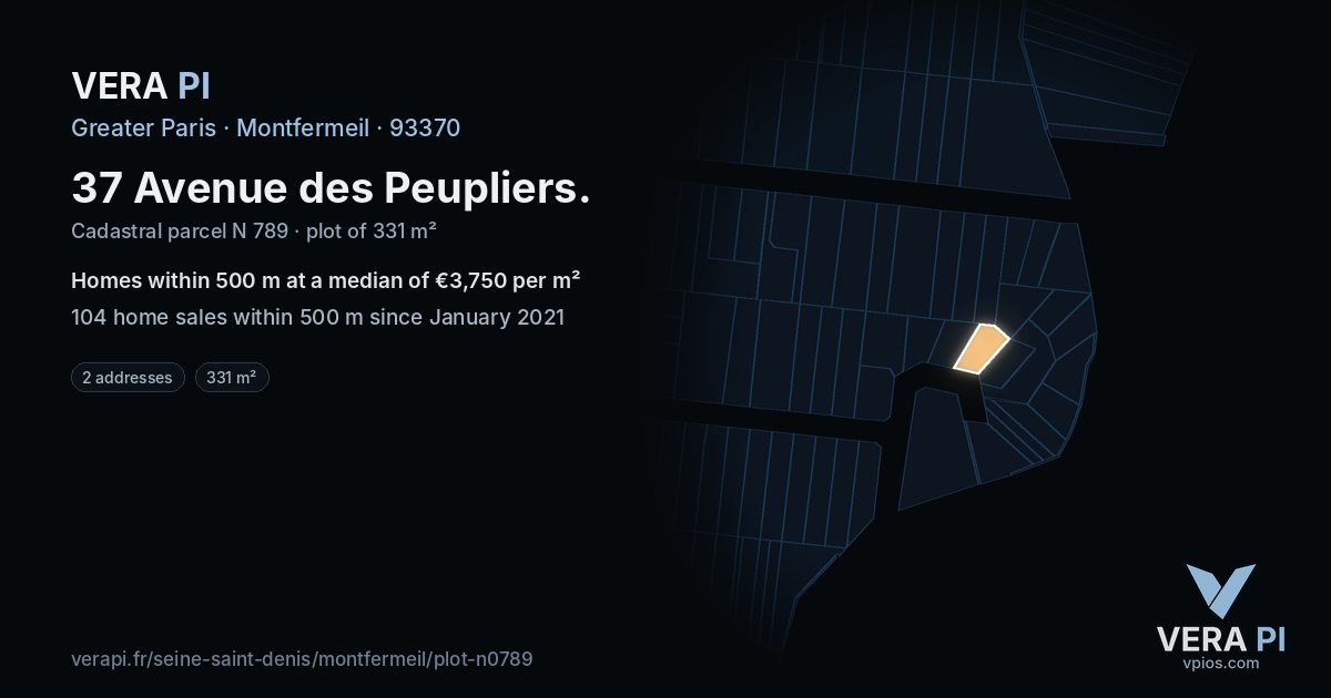 37 Avenue des Peupliers, Montfermeil at night – the plot lit, the parcels around coloured by the prices near them