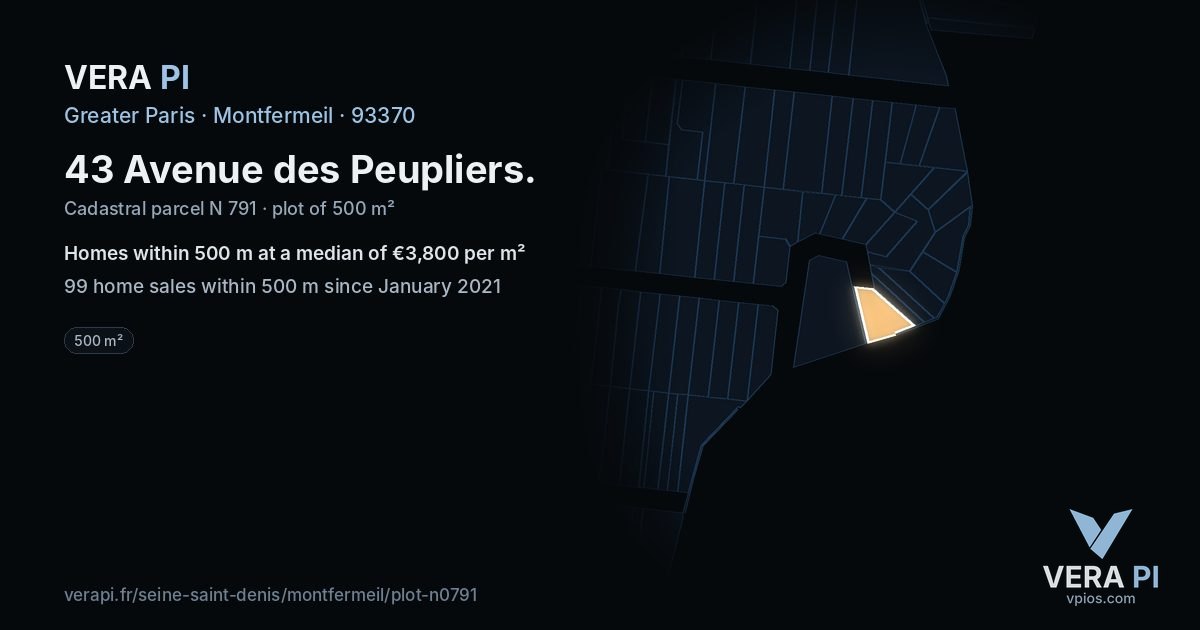 43 Avenue des Peupliers, Montfermeil at night – the plot lit, the parcels around coloured by the prices near them