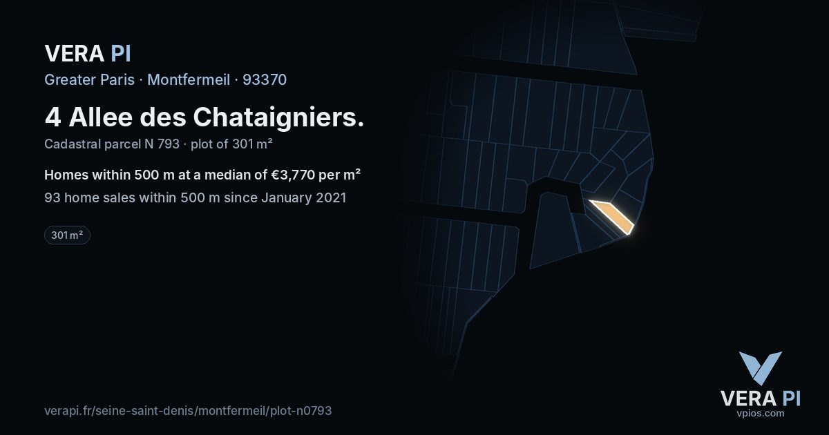 4 Allee des Chataigniers, Montfermeil at night – the plot lit, the parcels around coloured by the prices near them