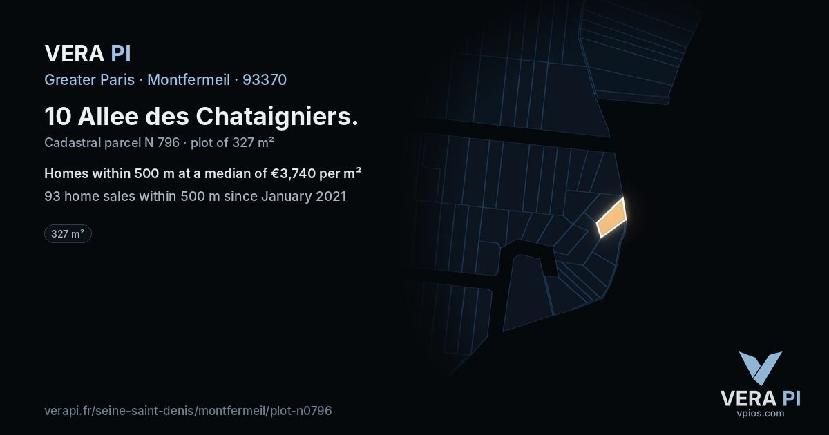 10 Allee des Chataigniers, Montfermeil at night – the plot lit, the parcels around coloured by the prices near them