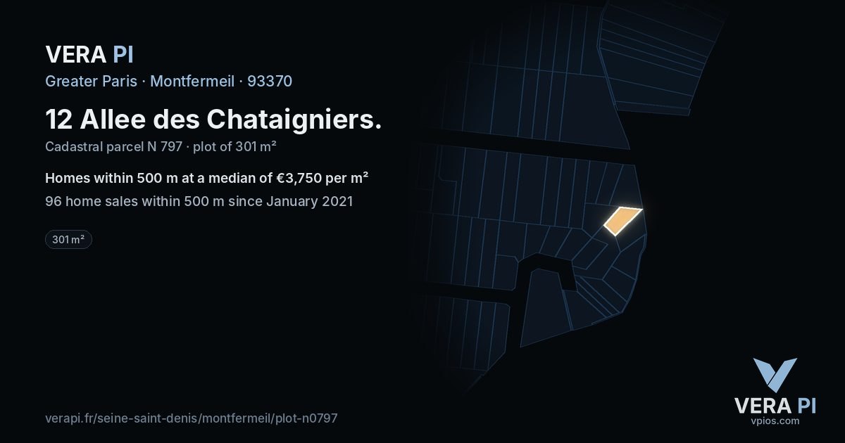 12 Allee des Chataigniers, Montfermeil at night – the plot lit, the parcels around coloured by the prices near them