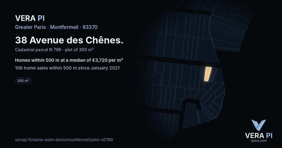 38 Avenue des Chênes, Montfermeil at night – the plot lit, the parcels around coloured by the prices near them