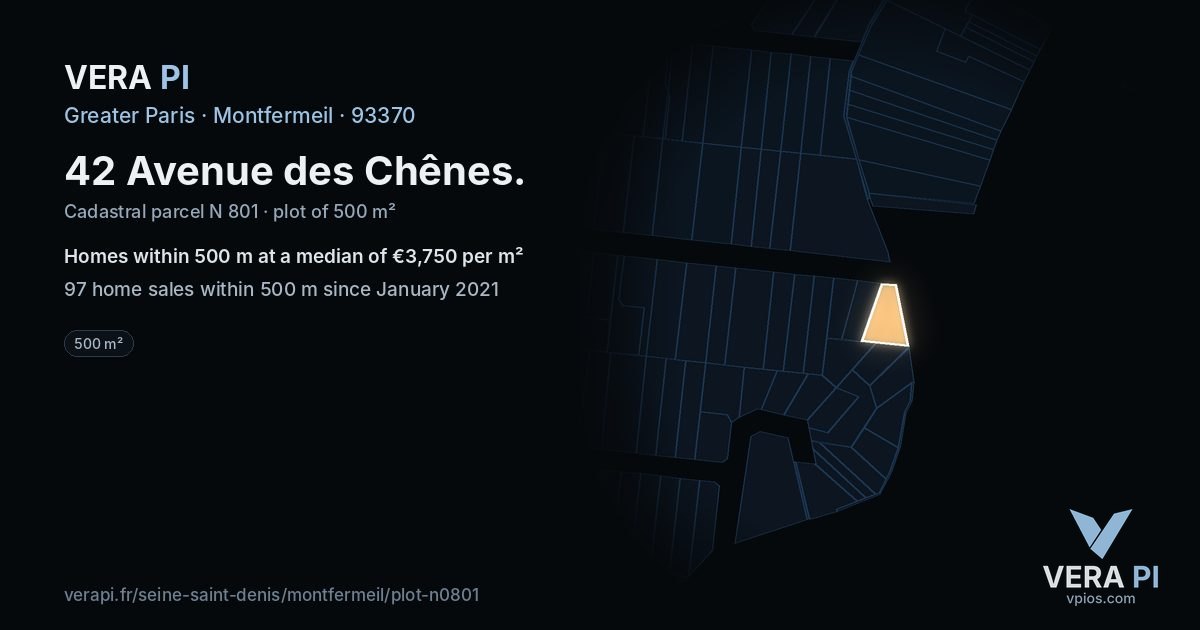 42 Avenue des Chênes, Montfermeil at night – the plot lit, the parcels around coloured by the prices near them