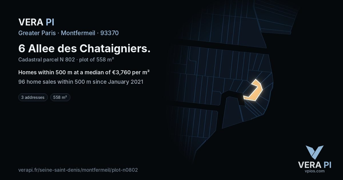 6 Allee des Chataigniers, Montfermeil at night – the plot lit, the parcels around coloured by the prices near them
