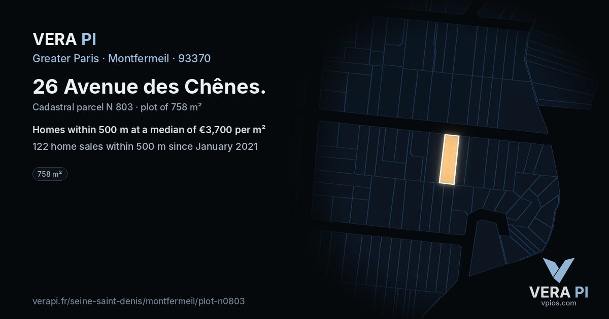 26 Avenue des Chênes, Montfermeil at night – the plot lit, the parcels around coloured by the prices near them