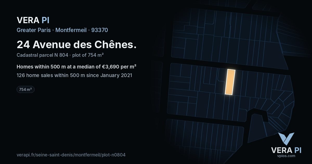 24 Avenue des Chênes, Montfermeil at night – the plot lit, the parcels around coloured by the prices near them
