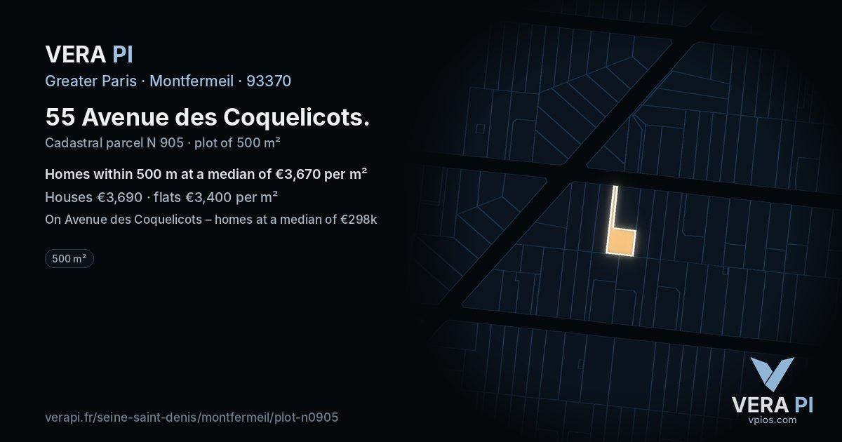 55 Avenue des Coquelicots, Montfermeil at night – the plot lit, the parcels around coloured by the prices near them