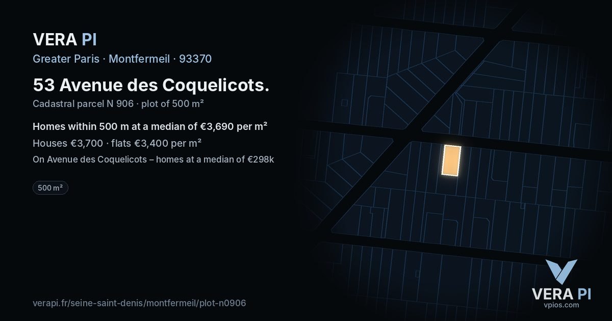 53 Avenue des Coquelicots, Montfermeil at night – the plot lit, the parcels around coloured by the prices near them