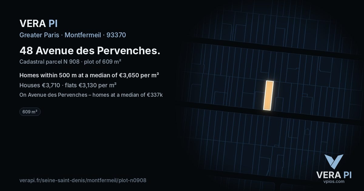 48 Avenue des Pervenches, Montfermeil at night – the plot lit, the parcels around coloured by the prices near them