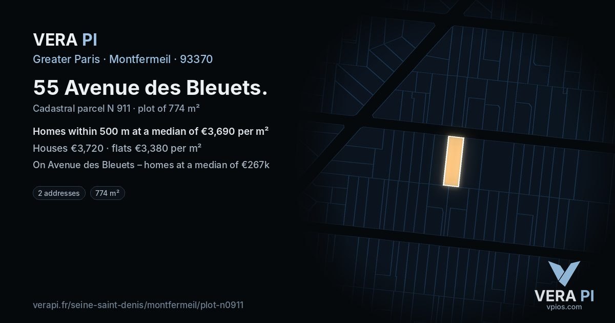 55 Avenue des Bleuets, Montfermeil at night – the plot lit, the parcels around coloured by the prices near them