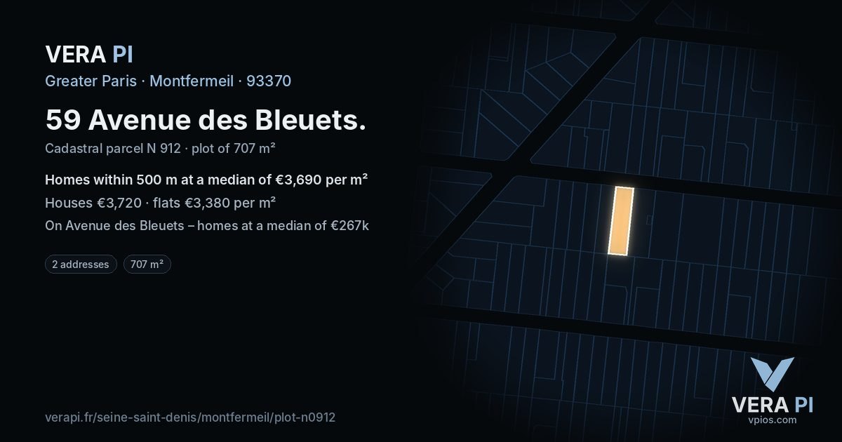 59 Avenue des Bleuets, Montfermeil at night – the plot lit, the parcels around coloured by the prices near them
