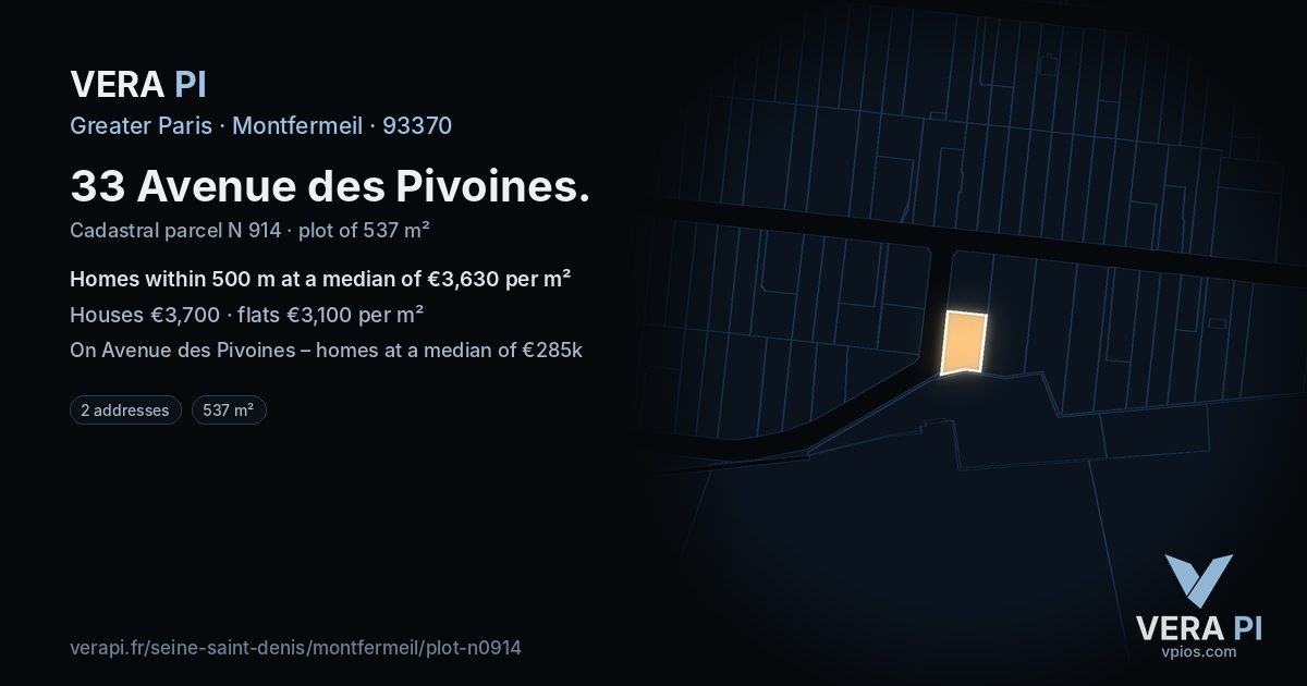 33 Avenue des Pivoines, Montfermeil at night – the plot lit, the parcels around coloured by the prices near them