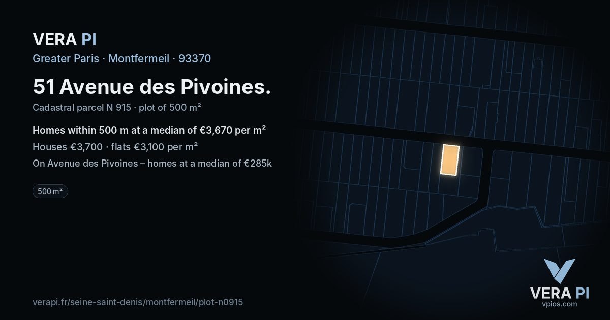51 Avenue des Pivoines, Montfermeil at night – the plot lit, the parcels around coloured by the prices near them