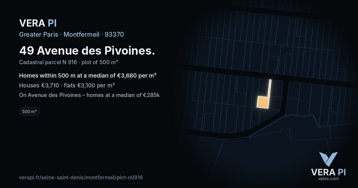 49 Avenue des Pivoines, Montfermeil at night – the plot lit, the parcels around coloured by the prices near them