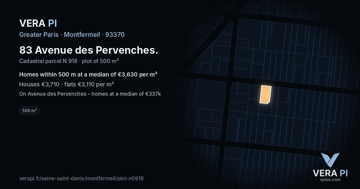 83 Avenue des Pervenches, Montfermeil at night – the plot lit, the parcels around coloured by the prices near them