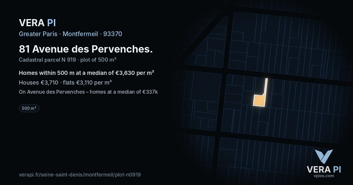 81 Avenue des Pervenches, Montfermeil at night – the plot lit, the parcels around coloured by the prices near them