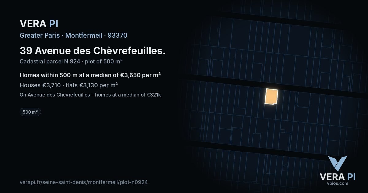 39 Avenue des Chèvrefeuilles, Montfermeil at night – the plot lit, the parcels around coloured by the prices near them