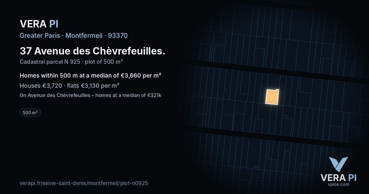 37 Avenue des Chèvrefeuilles, Montfermeil at night – the plot lit, the parcels around coloured by the prices near them