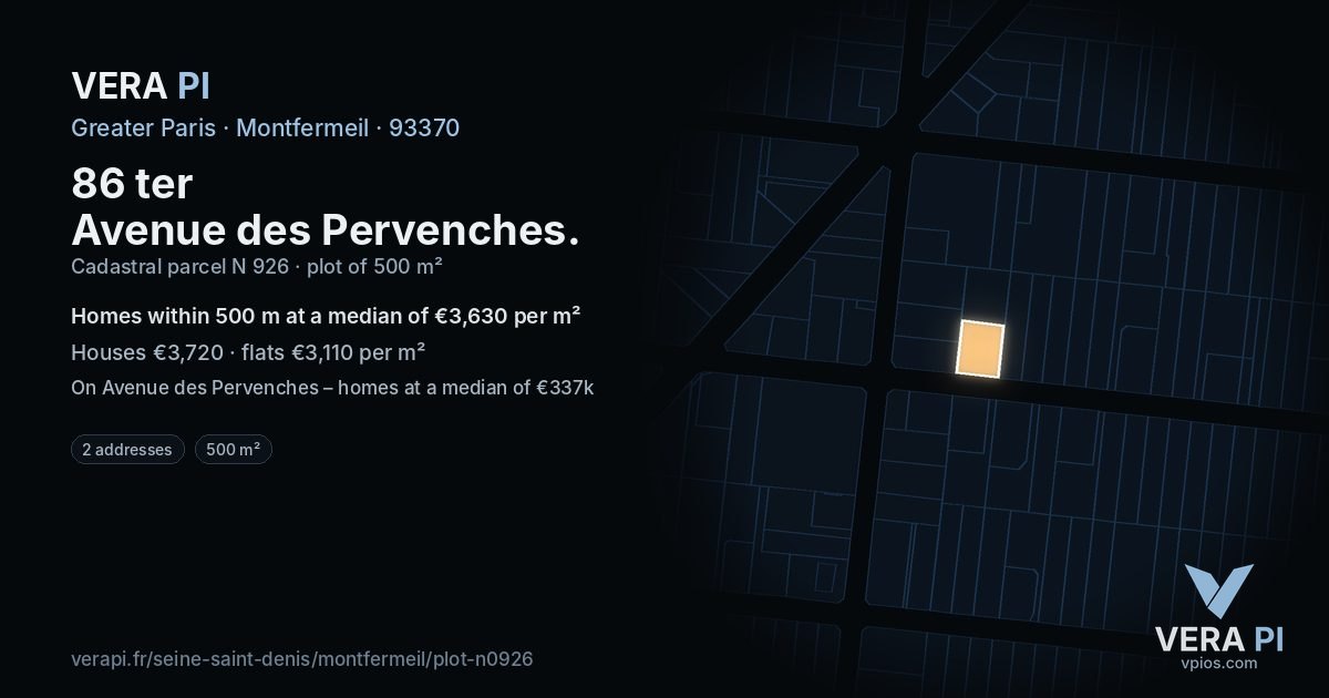 86 ter Avenue des Pervenches, Montfermeil at night – the plot lit, the parcels around coloured by the prices near them