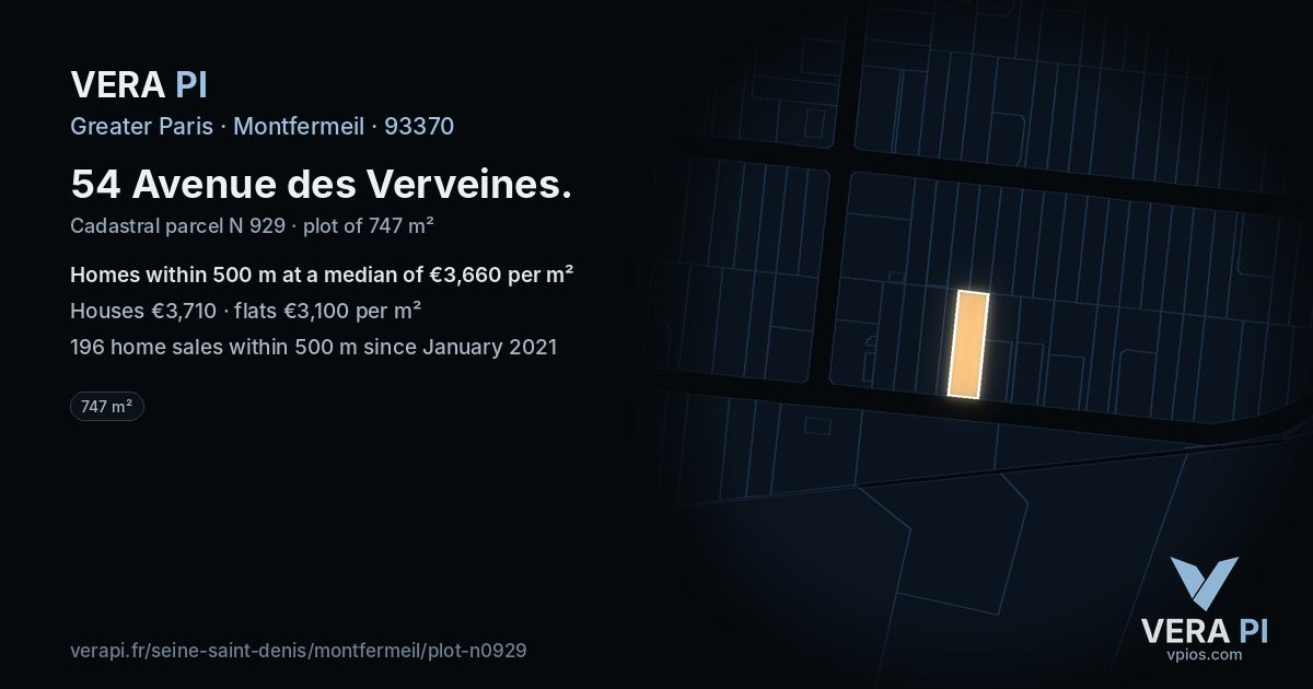 54 Avenue des Verveines, Montfermeil at night – the plot lit, the parcels around coloured by the prices near them