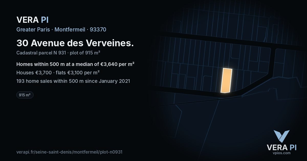 30 Avenue des Verveines, Montfermeil at night – the plot lit, the parcels around coloured by the prices near them