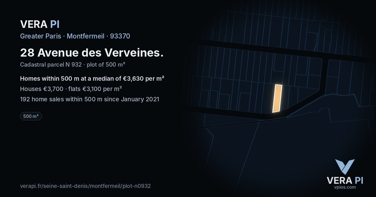 28 Avenue des Verveines, Montfermeil at night – the plot lit, the parcels around coloured by the prices near them