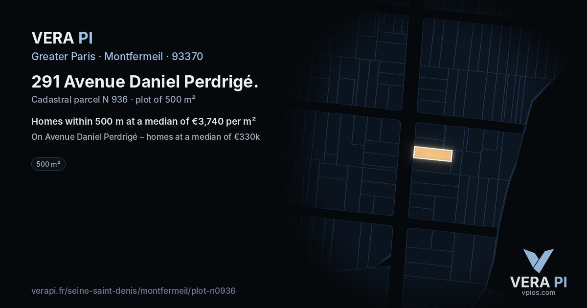 291 Avenue Daniel Perdrigé, Montfermeil at night – the plot lit, the parcels around coloured by the prices near them