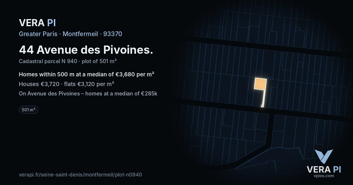 44 Avenue des Pivoines, Montfermeil at night – the plot lit, the parcels around coloured by the prices near them