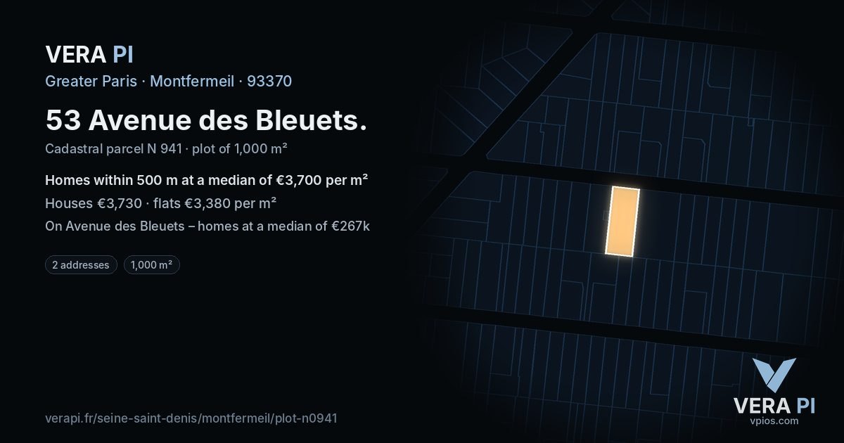 53 Avenue des Bleuets, Montfermeil at night – the plot lit, the parcels around coloured by the prices near them
