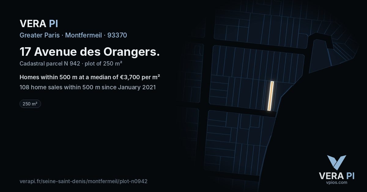 17 Avenue des Orangers, Montfermeil at night – the plot lit, the parcels around coloured by the prices near them