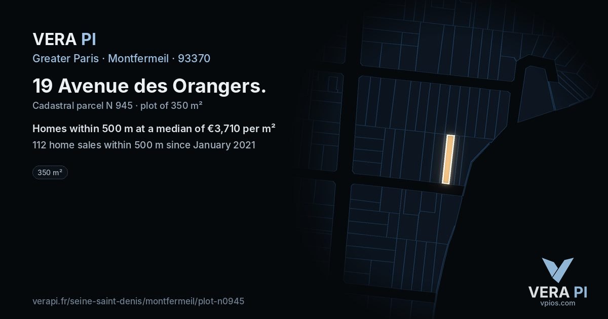 19 Avenue des Orangers, Montfermeil at night – the plot lit, the parcels around coloured by the prices near them