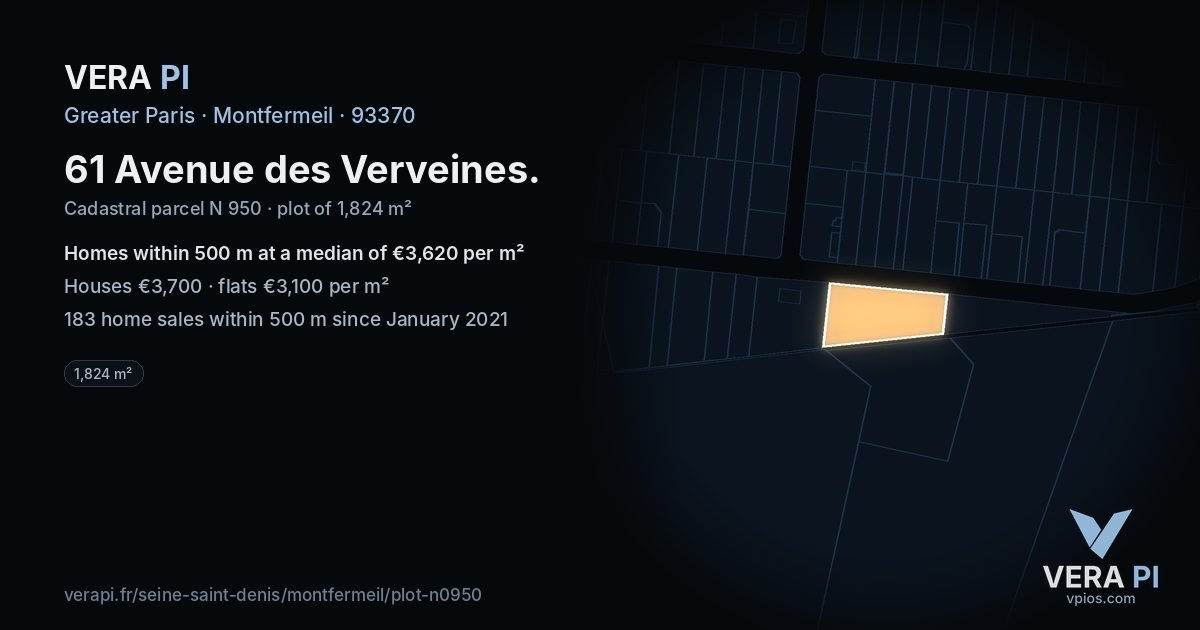61 Avenue des Verveines, Montfermeil at night – the plot lit, the parcels around coloured by the prices near them