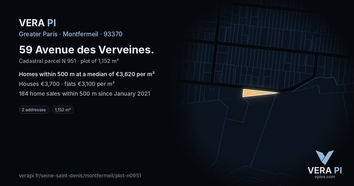 59 Avenue des Verveines, Montfermeil at night – the plot lit, the parcels around coloured by the prices near them