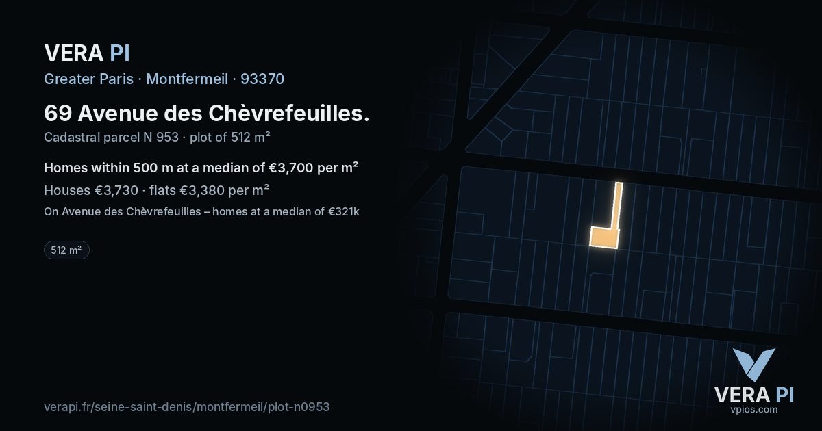 69 Avenue des Chèvrefeuilles, Montfermeil at night – the plot lit, the parcels around coloured by the prices near them