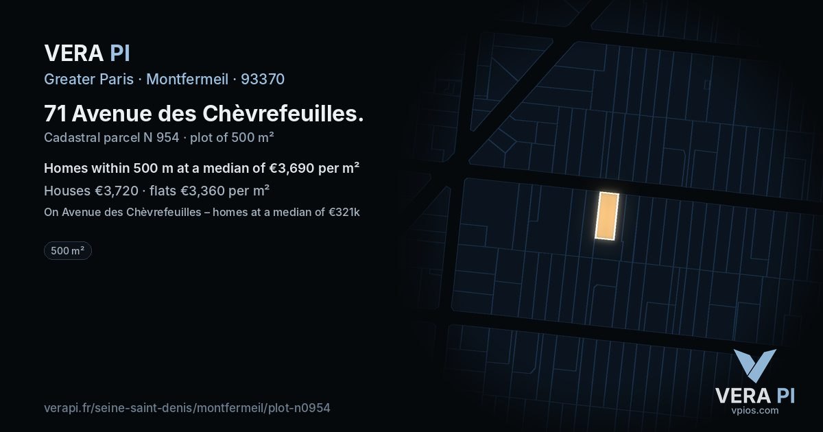 71 Avenue des Chèvrefeuilles, Montfermeil at night – the plot lit, the parcels around coloured by the prices near them