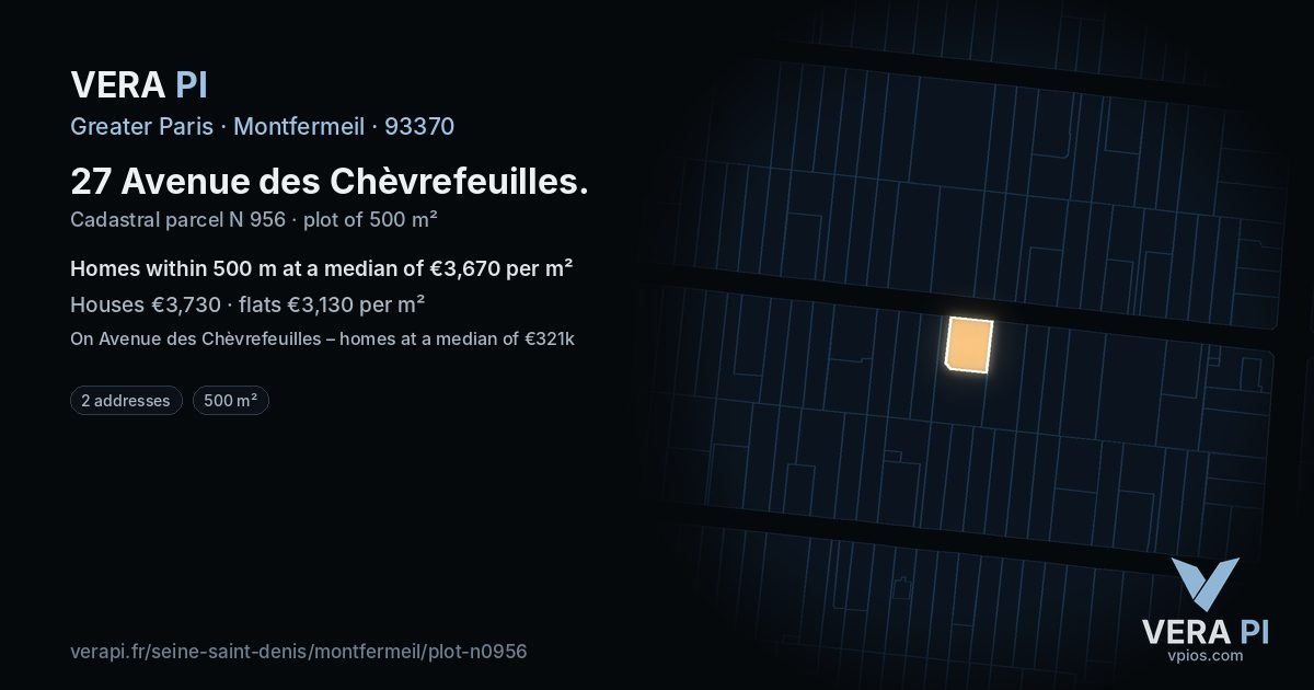 27 Avenue des Chèvrefeuilles, Montfermeil at night – the plot lit, the parcels around coloured by the prices near them