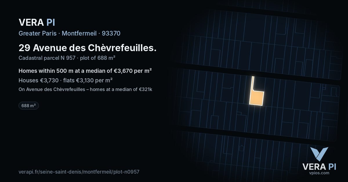 29 Avenue des Chèvrefeuilles, Montfermeil at night – the plot lit, the parcels around coloured by the prices near them