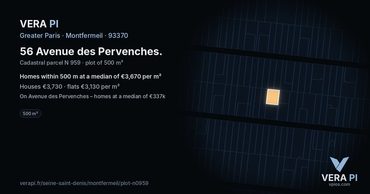 56 Avenue des Pervenches, Montfermeil at night – the plot lit, the parcels around coloured by the prices near them