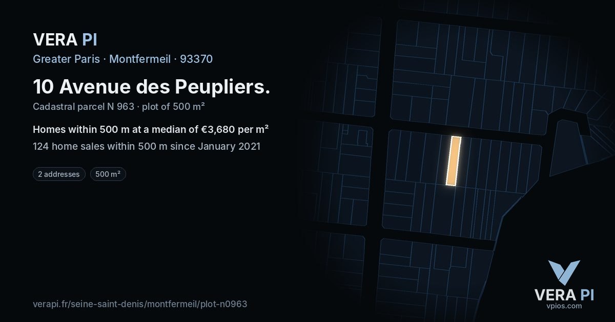 10 Avenue des Peupliers, Montfermeil at night – the plot lit, the parcels around coloured by the prices near them