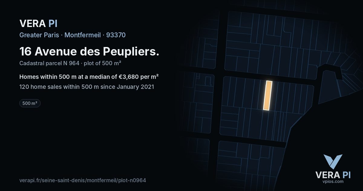 16 Avenue des Peupliers, Montfermeil at night – the plot lit, the parcels around coloured by the prices near them