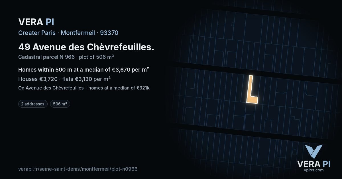 49 Avenue des Chèvrefeuilles, Montfermeil at night – the plot lit, the parcels around coloured by the prices near them
