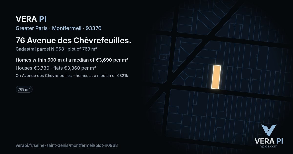 76 Avenue des Chèvrefeuilles, Montfermeil at night – the plot lit, the parcels around coloured by the prices near them