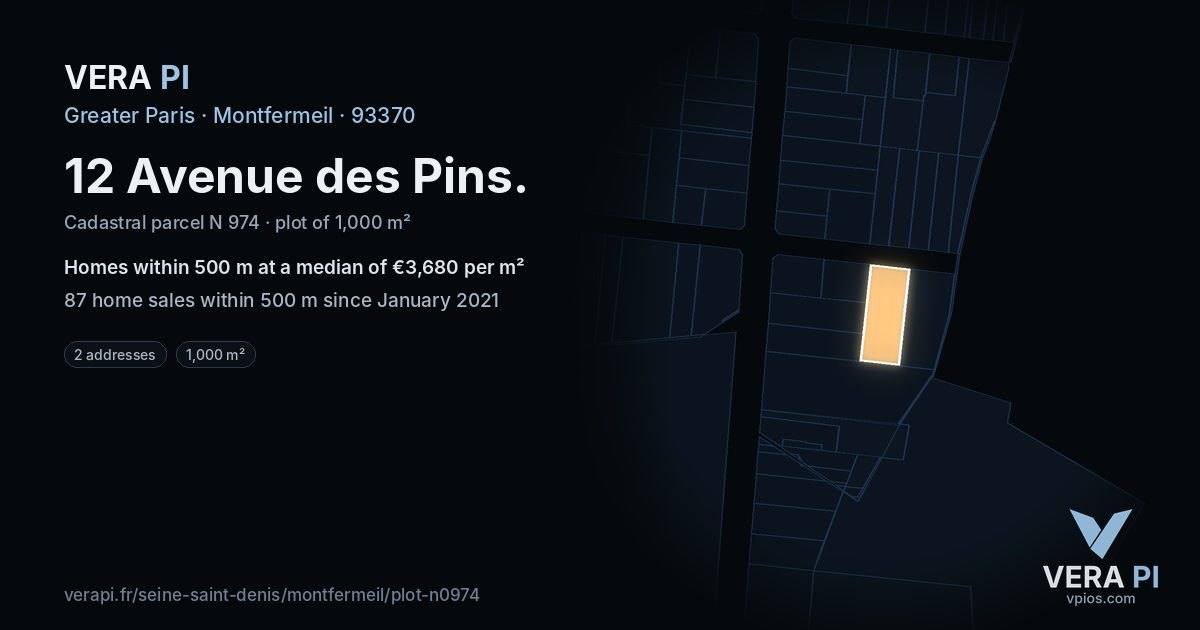 12 Avenue des Pins, Montfermeil at night – the plot lit, the parcels around coloured by the prices near them